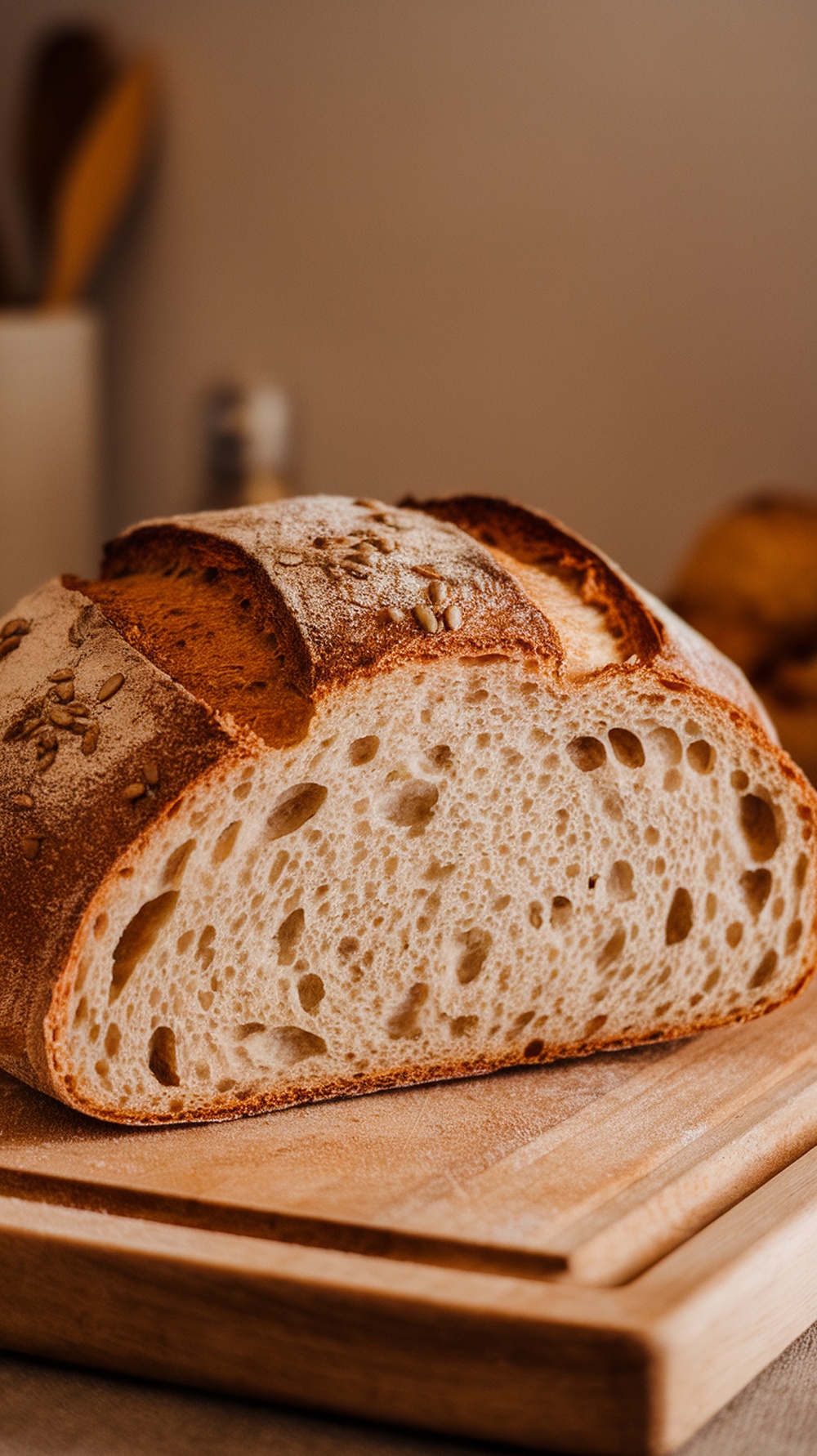 A loaf of freshly baked sourdough bread sliced on a wooden cutting board.