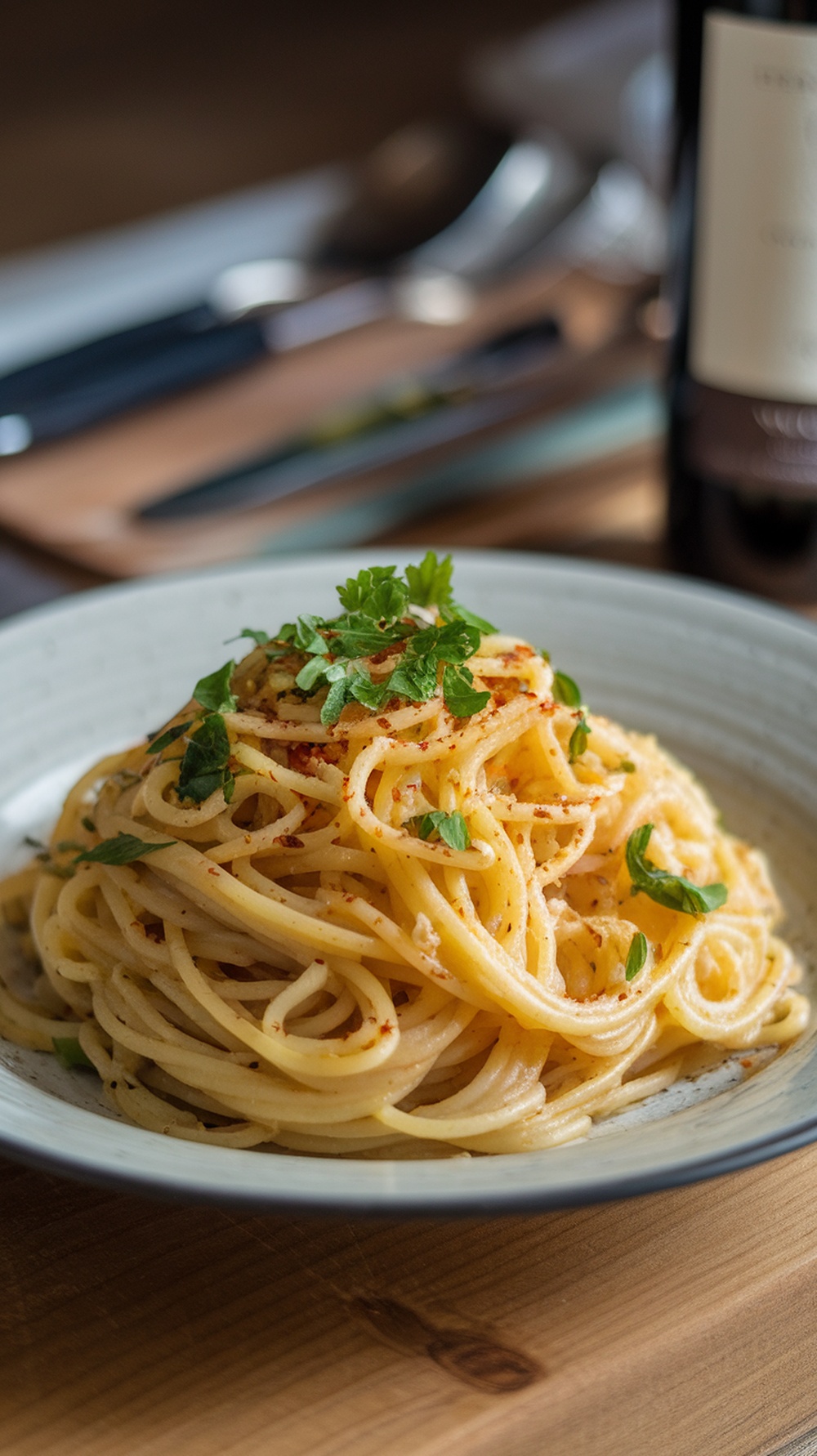 A plate of spaghetti aglio e olio garnished with parsley.
