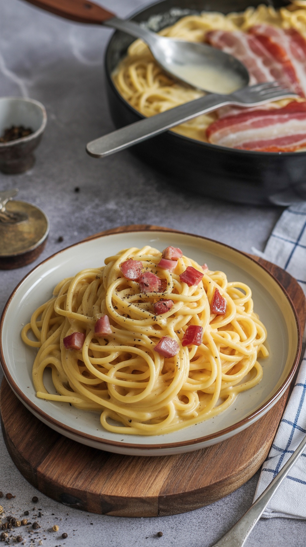 A plate of spaghetti carbonara topped with diced pancetta and black pepper.