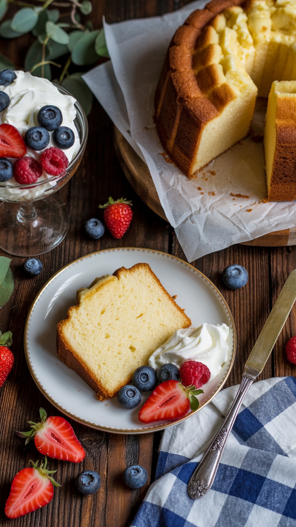 A slice of vanilla bean pound cake on a plate surrounded by fresh berries and whipped cream.