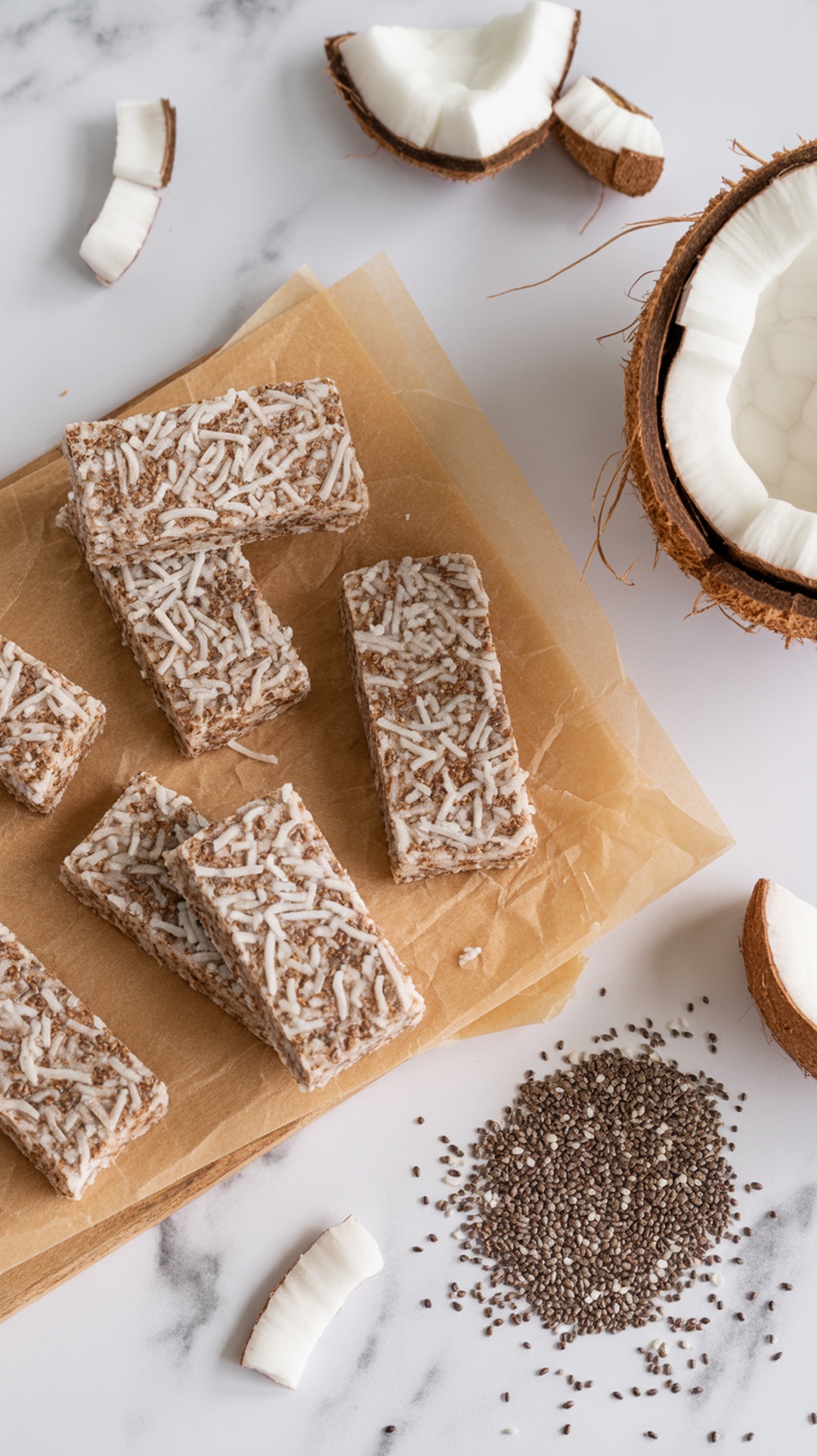 Coconut chia seed energy bars on a wooden surface with coconut and chia seeds scattered around.