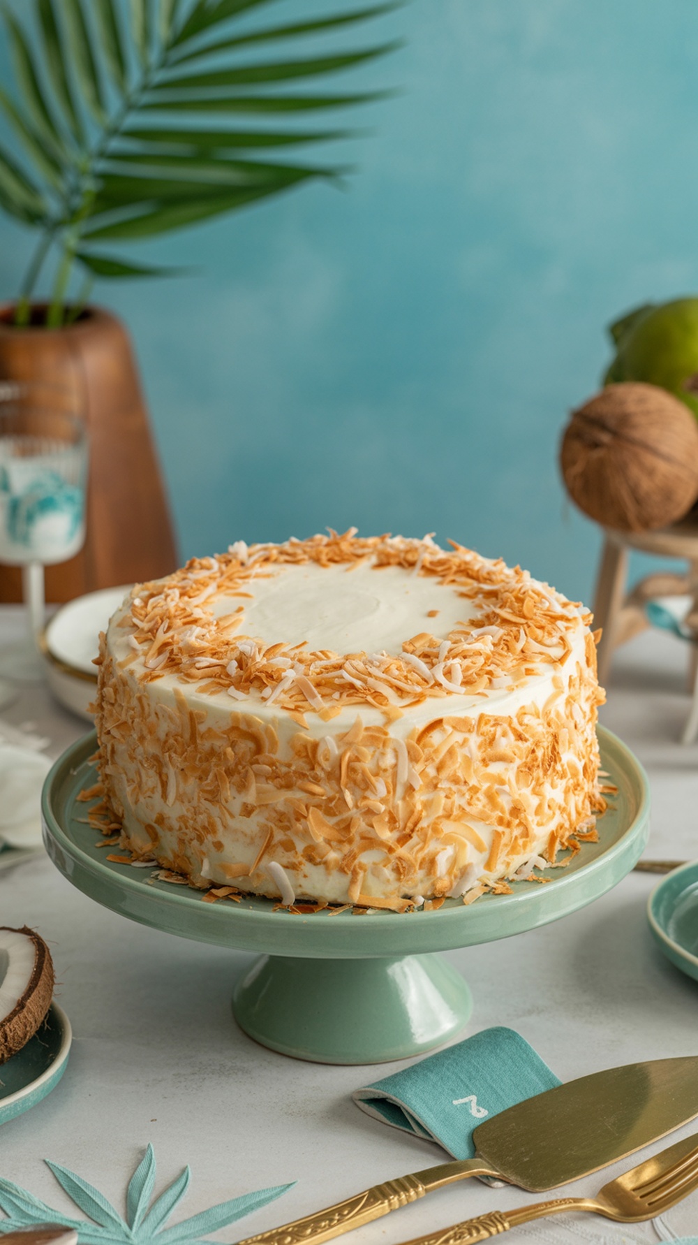 A delicious Coconut Cream Cake with toasted coconut on top, displayed on a green cake stand.