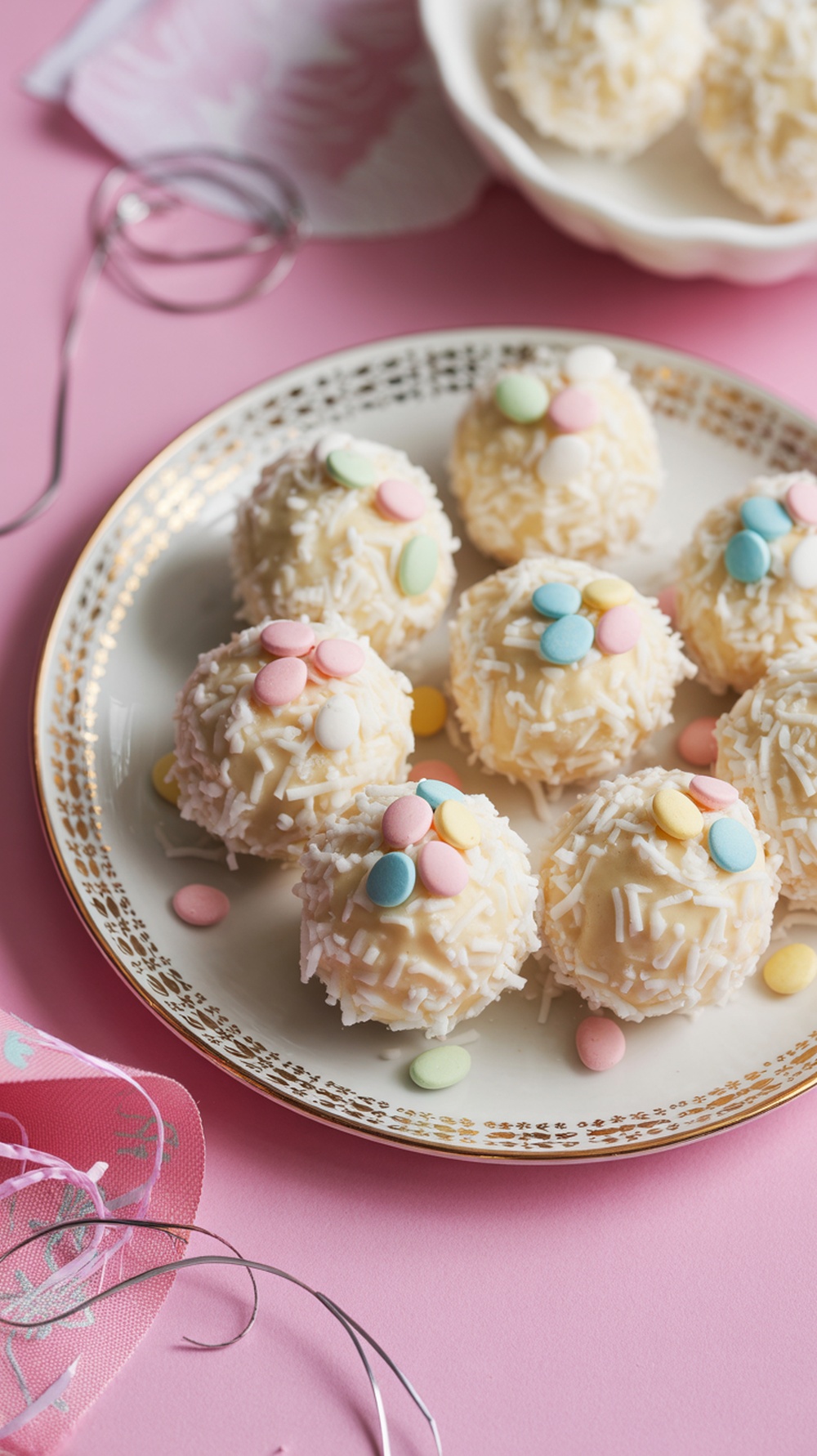 Plate of Coconut Cream Egg Truffles decorated with pastel candy-covered chocolates.