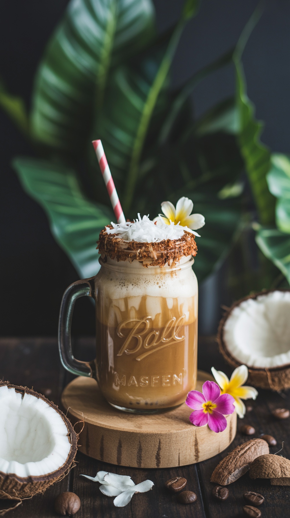 A mason jar filled with Coconut Cream Iced Coffee, topped with shredded coconut and a flower, set against a backdrop of tropical leaves.