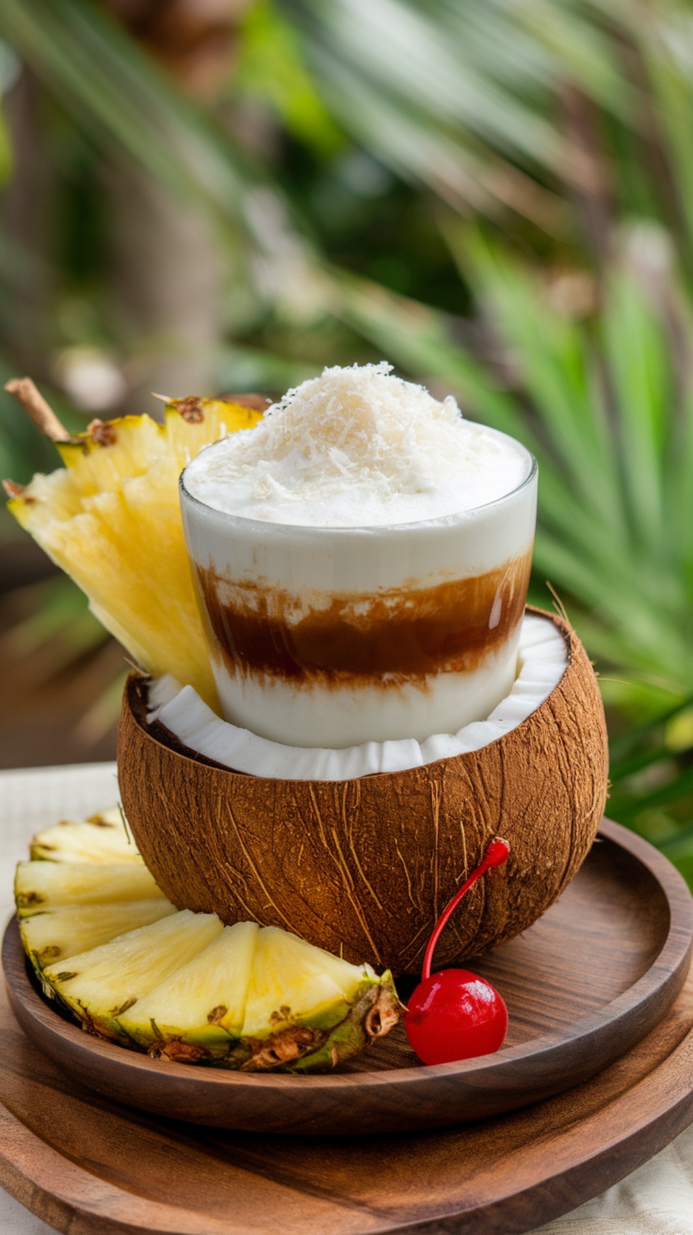 A coconut cream protein coffee topped with shredded coconut, served in a coconut shell with pineapple slices and a cherry.