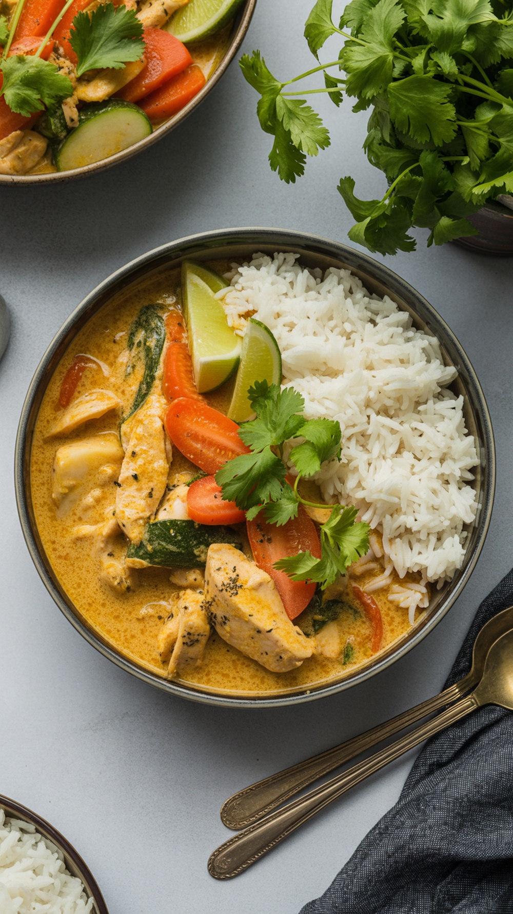 A bowl of coconut curry chicken with rice and vegetables, garnished with cilantro and lime.