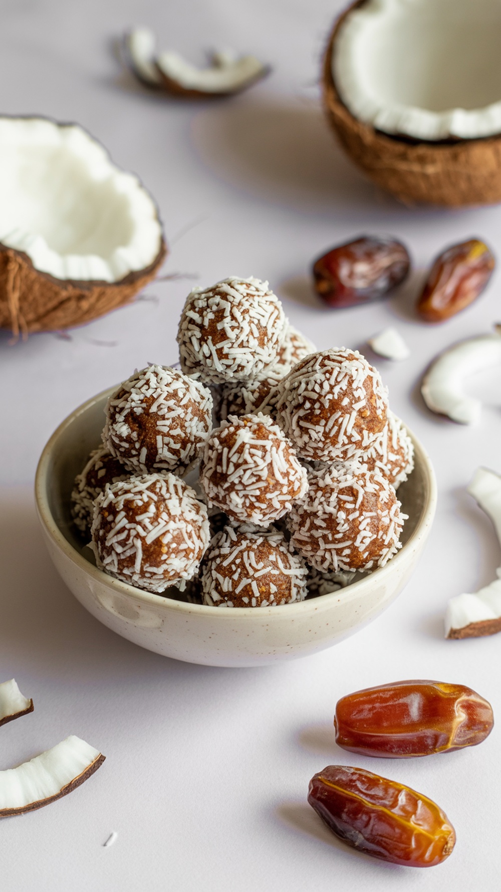 A bowl of coconut date energy bites with coconut and dates scattered around