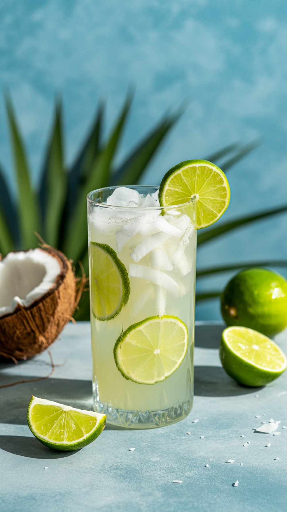 A refreshing Coconut Lime Sparkler drink with lime slices and a coconut shell in the background.