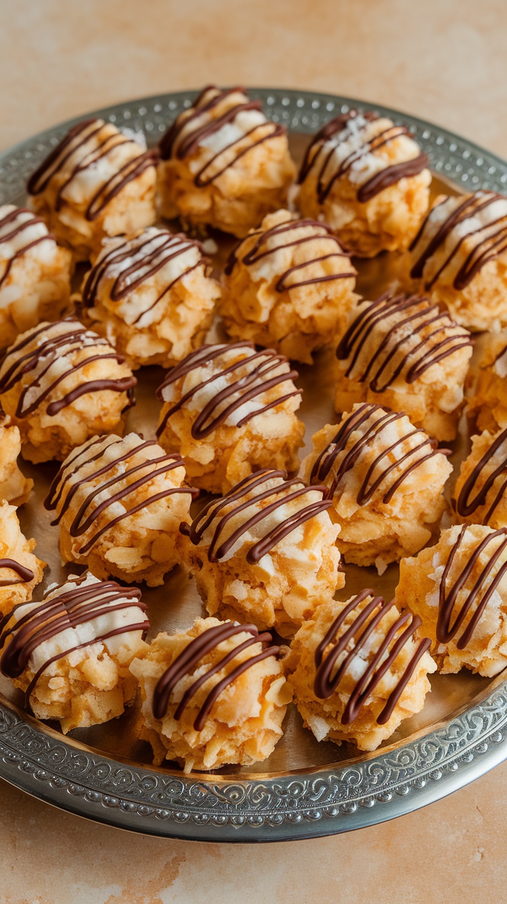 A platter of coconut macaroons drizzled with chocolate.