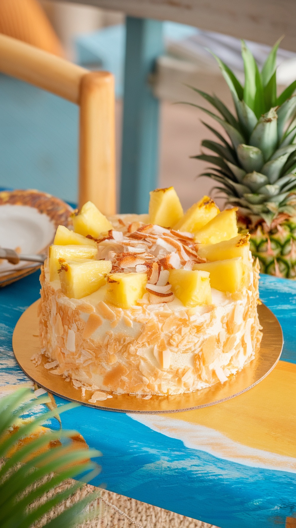 A delicious coconut pineapple cake topped with pineapple slices and coconut flakes.