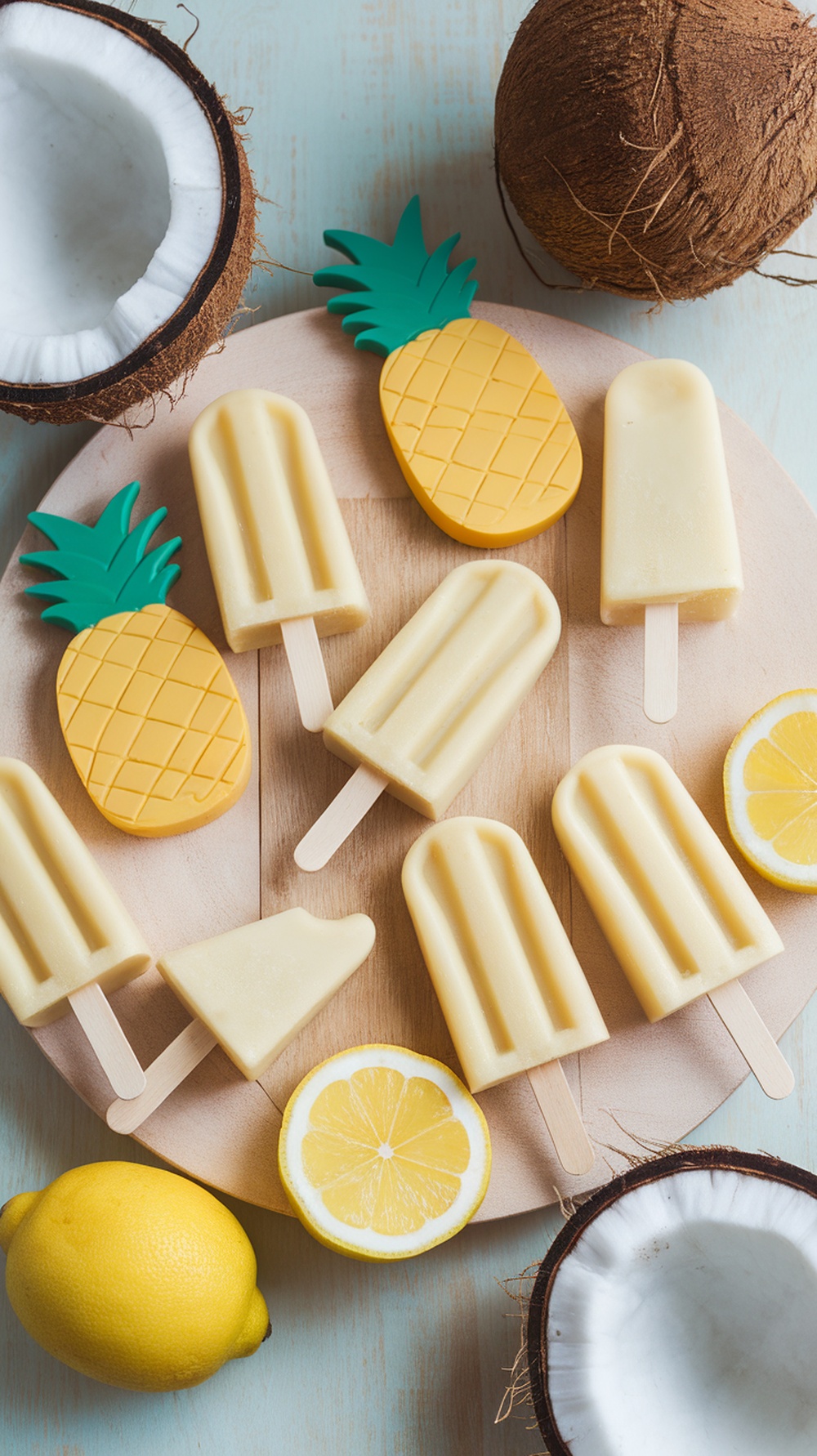 Tropical coconut water ice pops with coconut and lemon slices