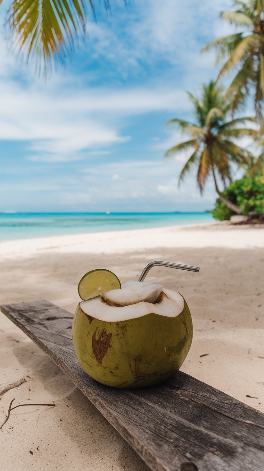 A fresh coconut with a lime slice and straw on a beach
