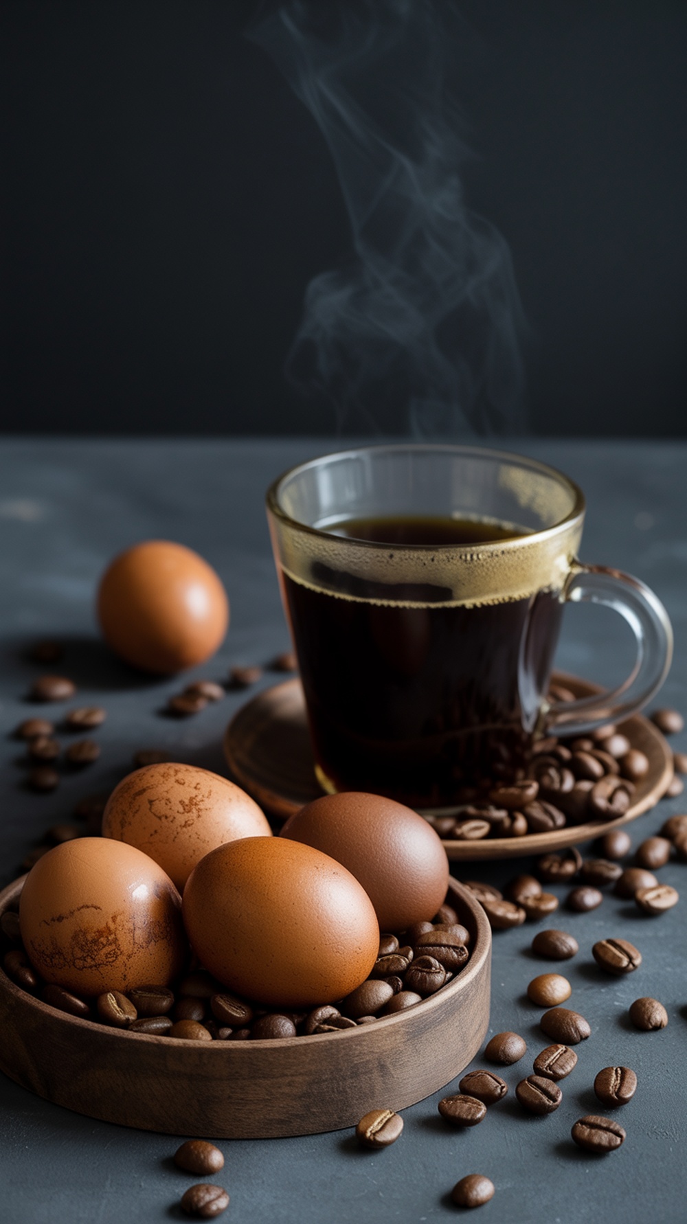 Coffee cup and dyed brown eggs on a gray surface