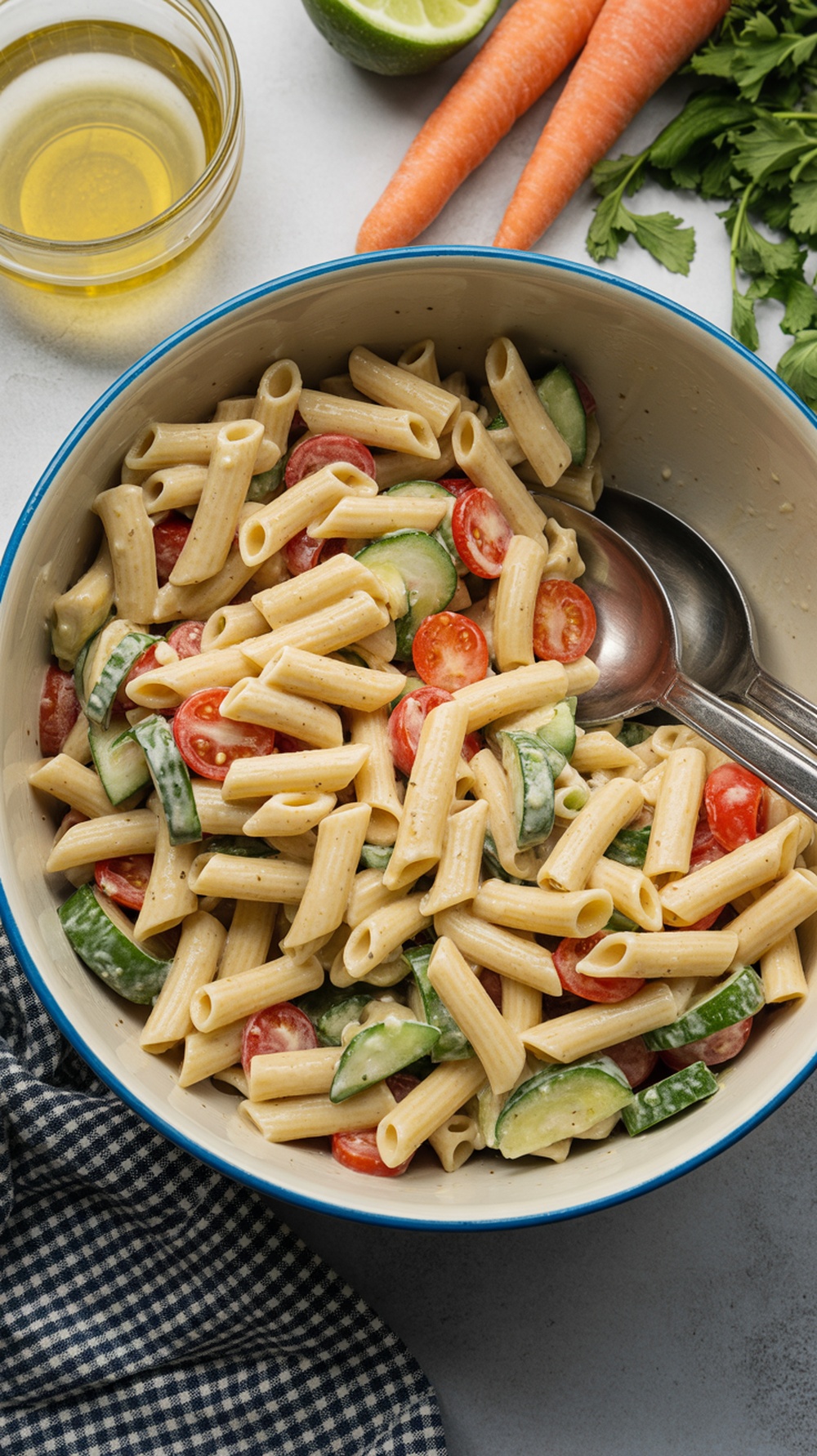 A bowl of cold pasta salad with cherry tomatoes, cucumber, and Italian dressing, surrounded by fresh vegetables.