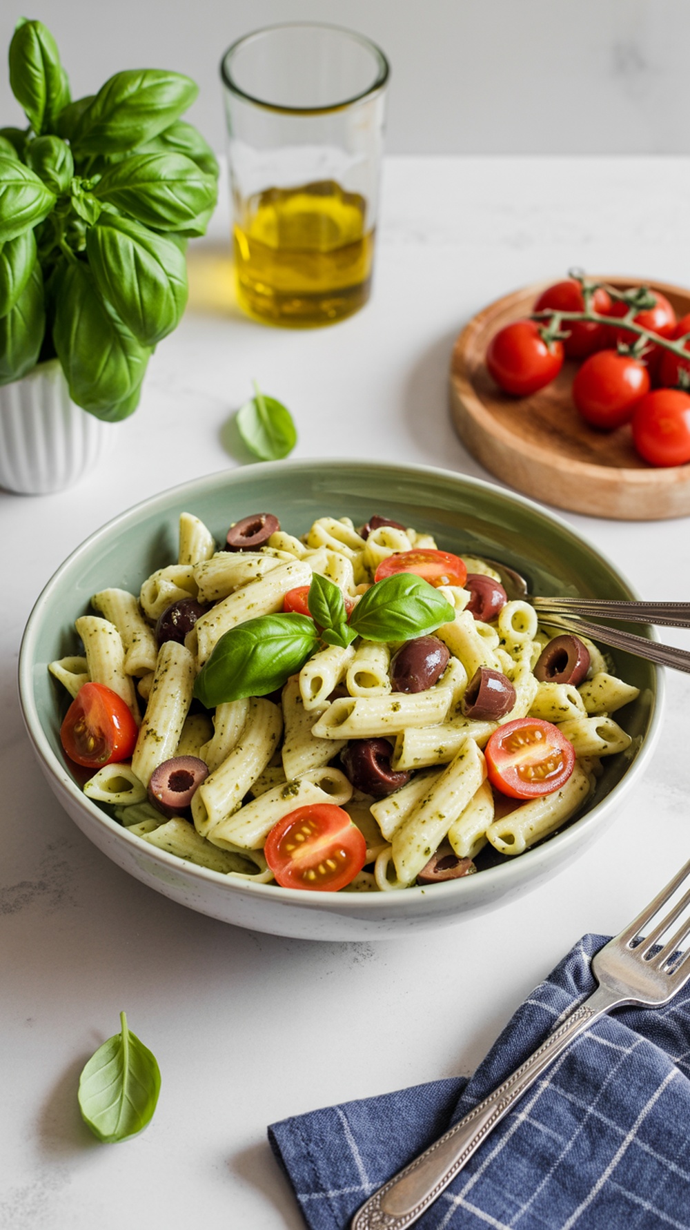 A bowl of cold pasta salad with pesto, cherry tomatoes, and olives.