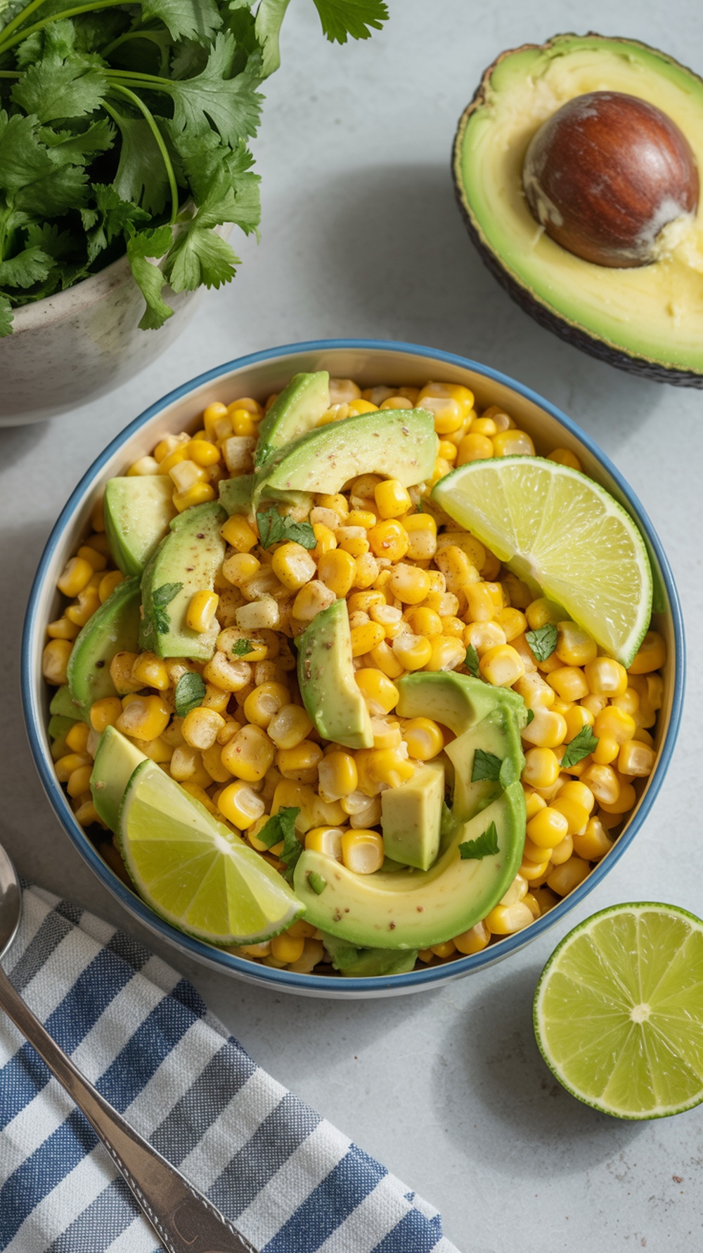 A colorful bowl of corn and avocado salad with lime and cilantro garnishes.