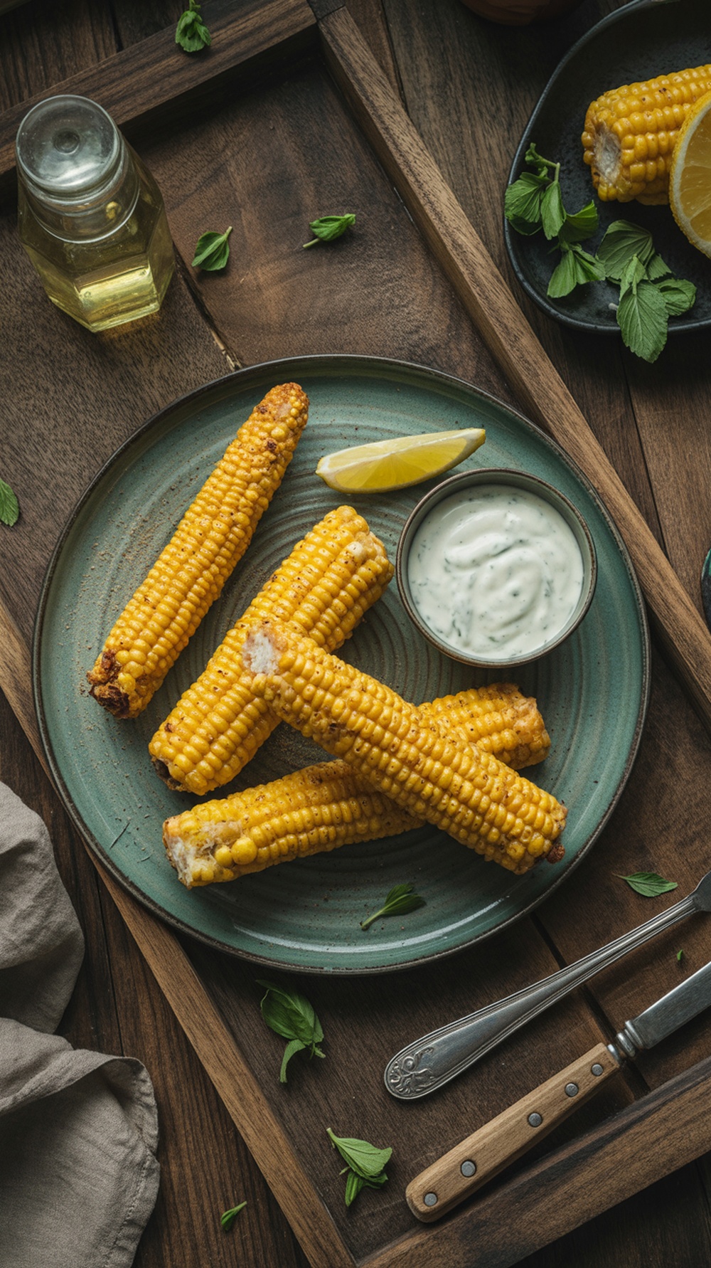 Grilled corn ribs served with a dipping sauce and lemon on a plate
