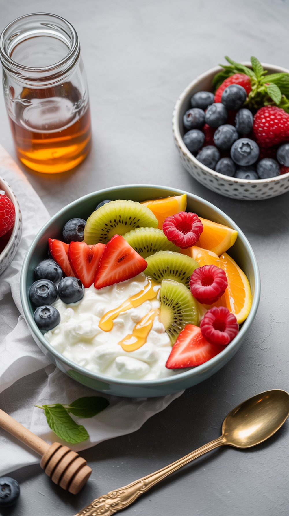 A colorful bowl of cottage cheese topped with fresh fruits like strawberries, blueberries, kiwi, and orange, drizzled with honey.