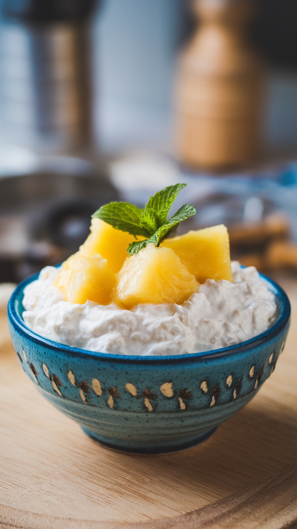 A bowl of cottage cheese topped with pineapple chunks and mint leaves.