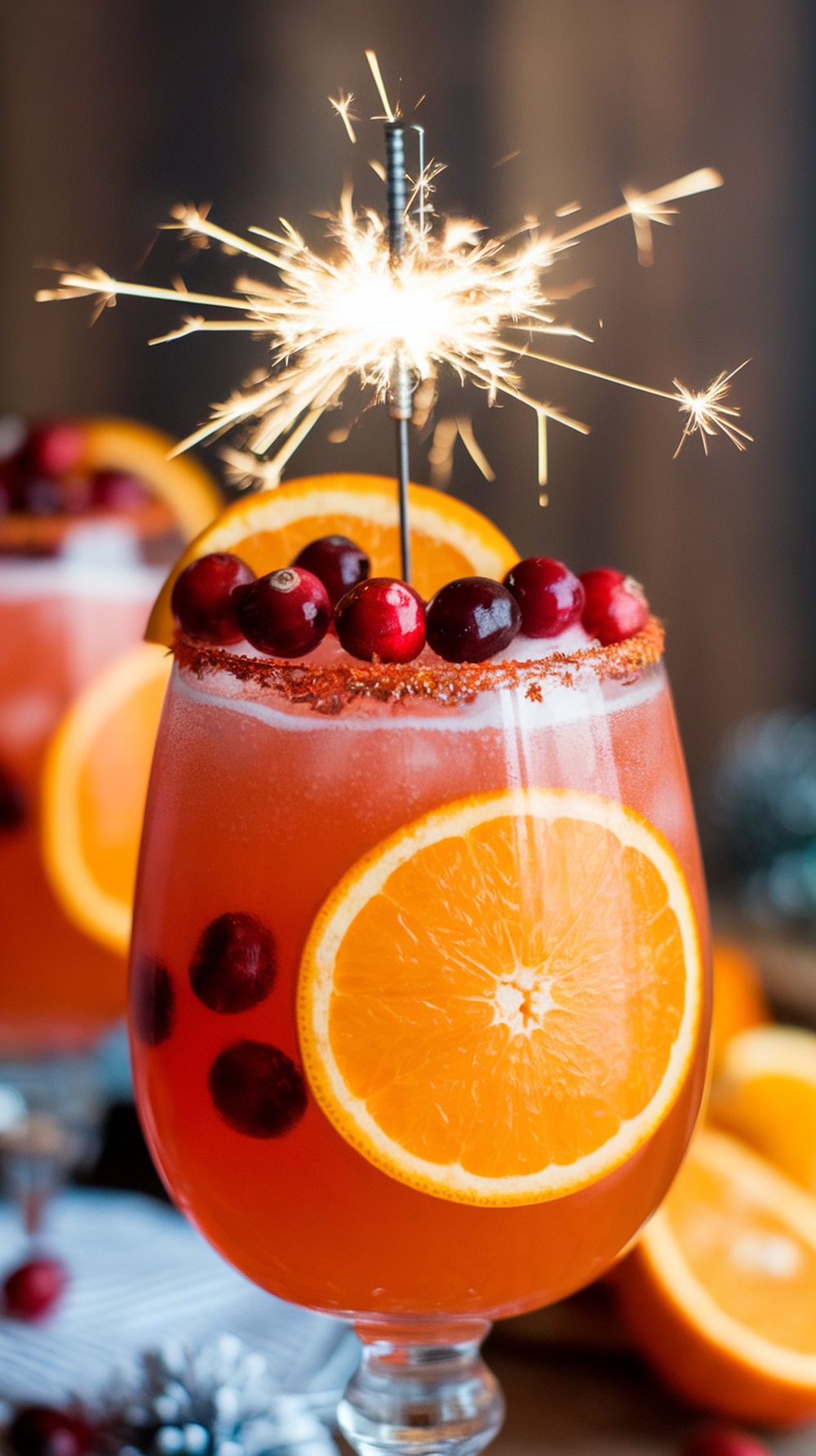 A vibrant Cranberry Orange Sparkler drink garnished with cranberries and an orange slice, topped with a sparkler.