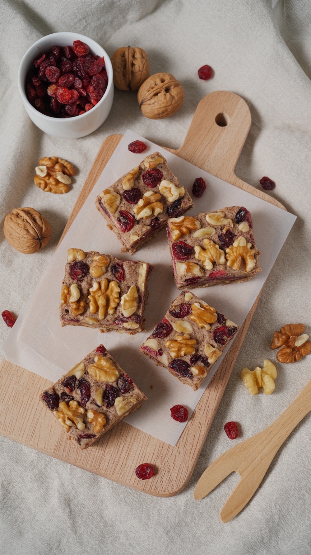 Cranberry walnut breakfast bars on a wooden board with walnuts and dried cranberries.