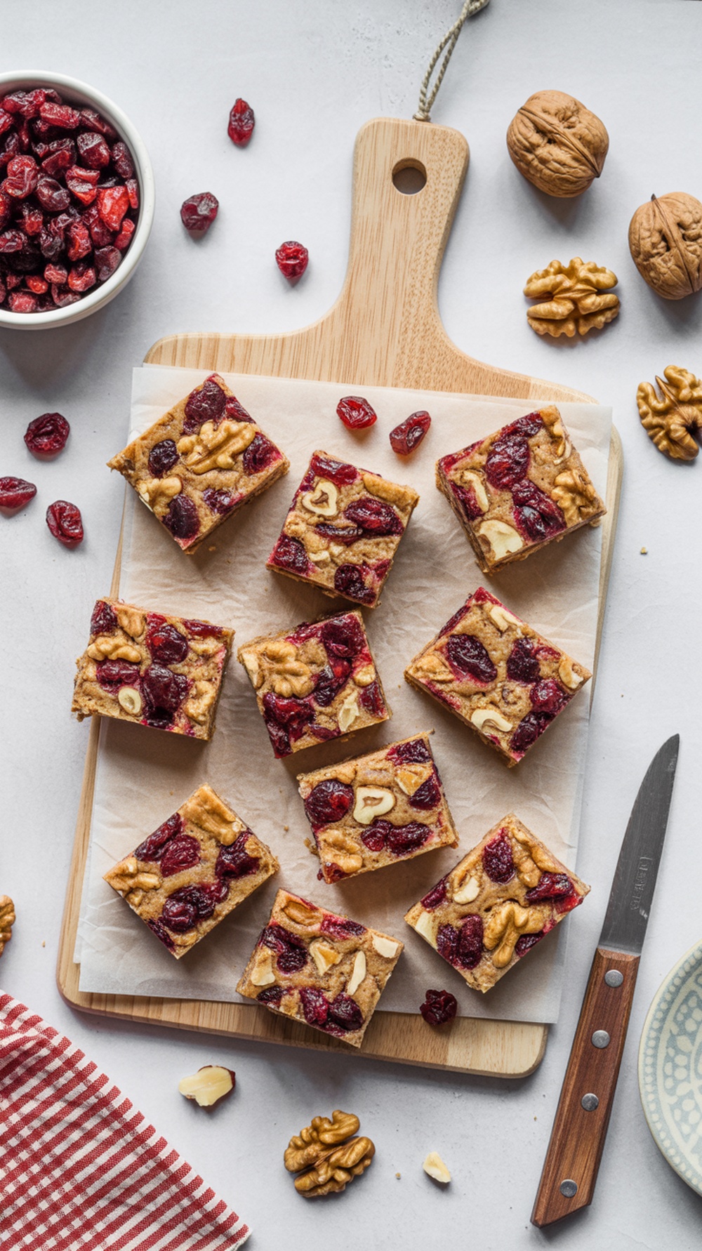 Delicious cranberry walnut snack bars on a wooden board