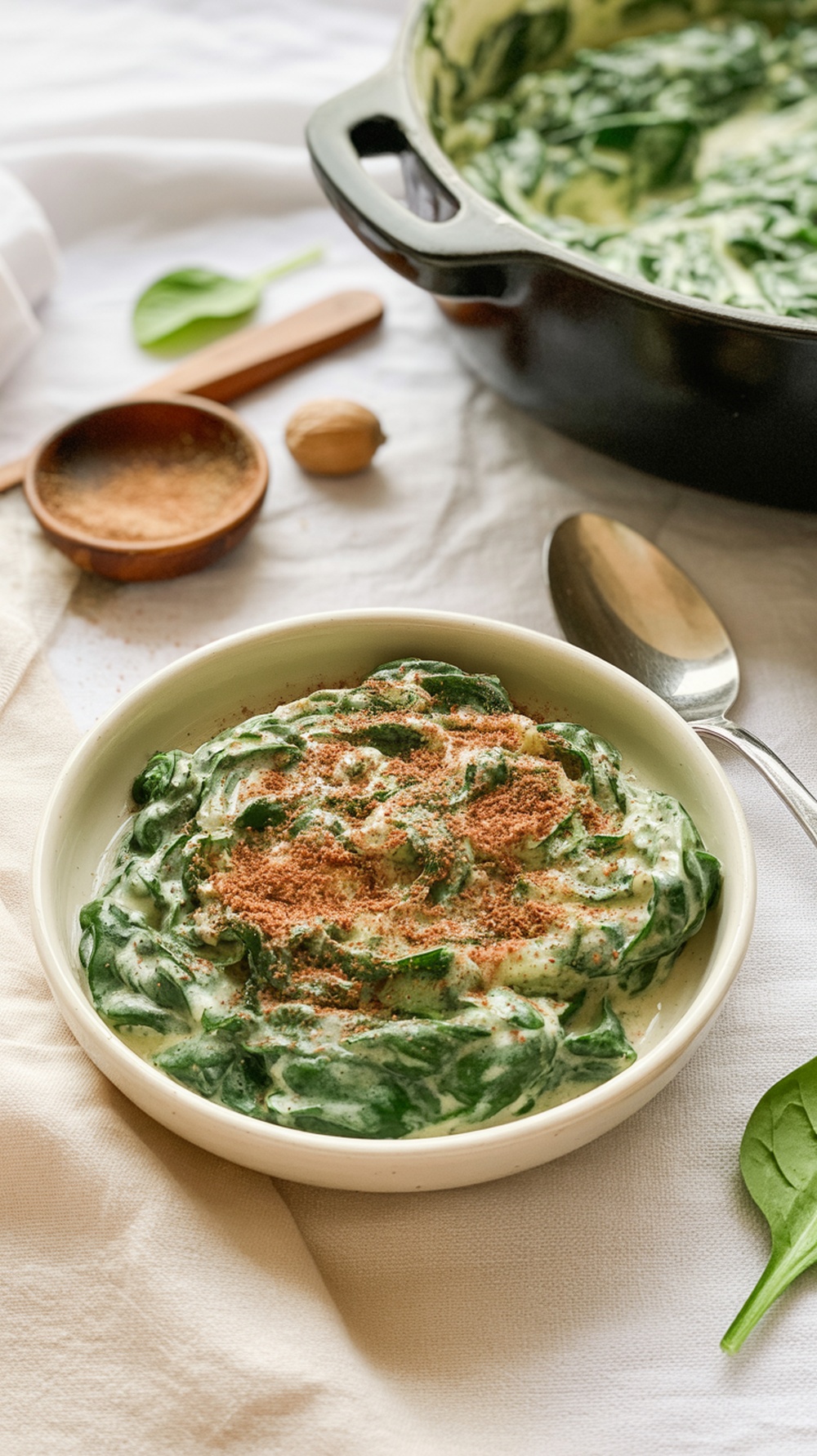 A bowl of creamed spinach topped with nutmeg, with a spoon and ingredients in the background.