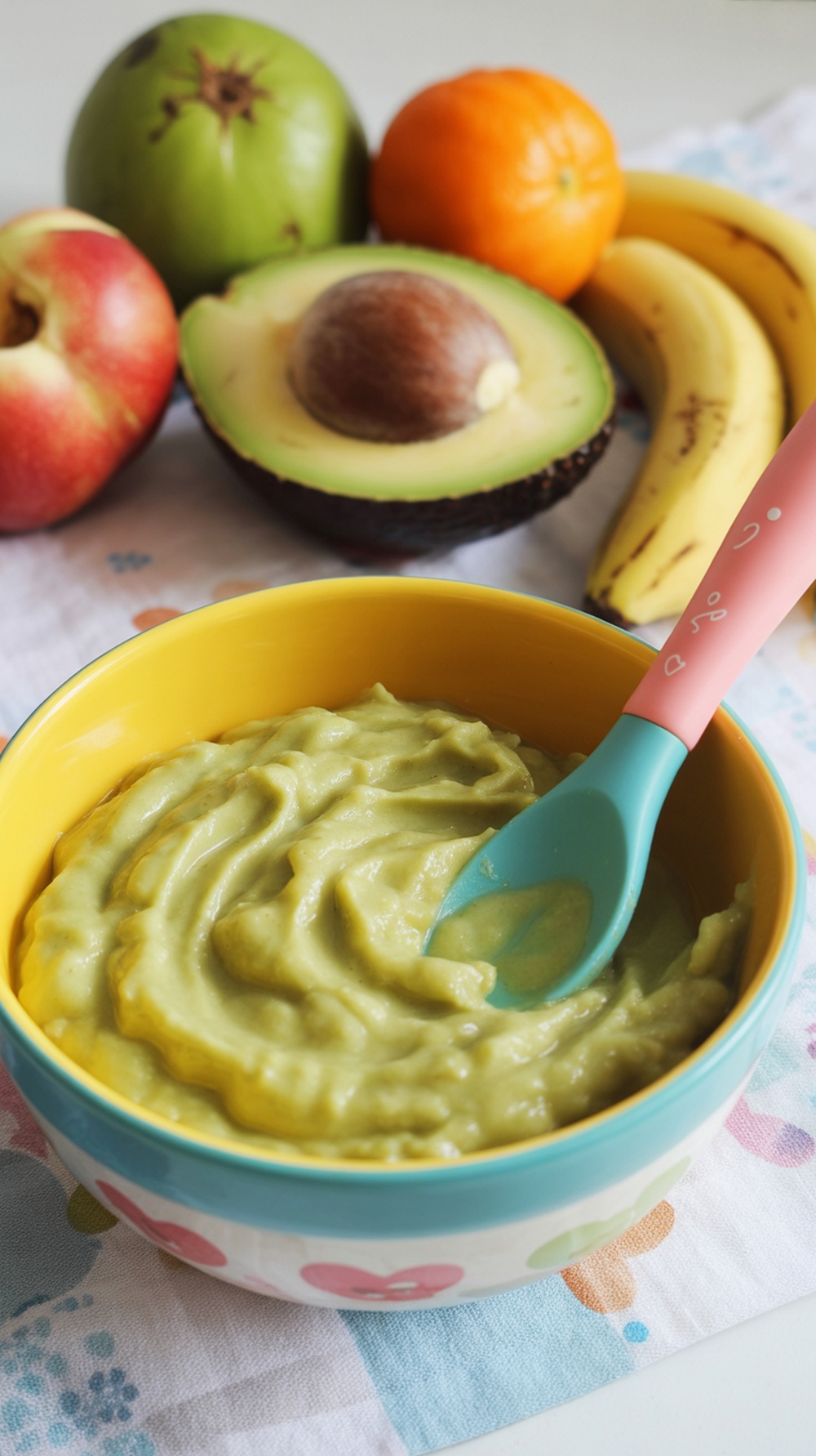 A bowl of creamy avocado and banana mash surrounded by fresh fruits.