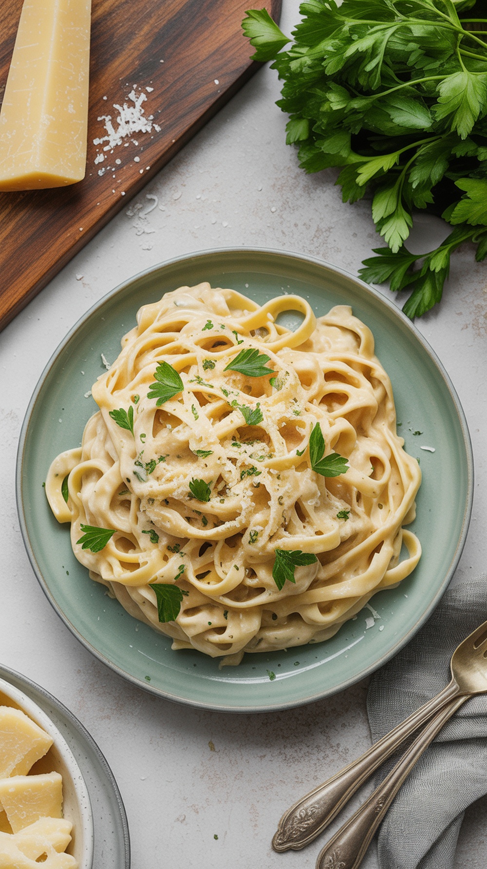 A plate of creamy garlic fettuccine alfredo topped with parsley