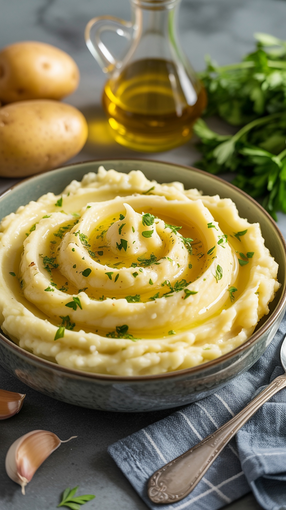 A bowl of creamy garlic mashed potatoes garnished with parsley, surrounded by potatoes and garlic cloves.