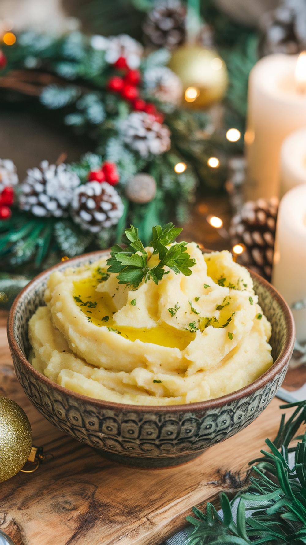 A bowl of creamy garlic mashed potatoes garnished with parsley, surrounded by festive decorations.