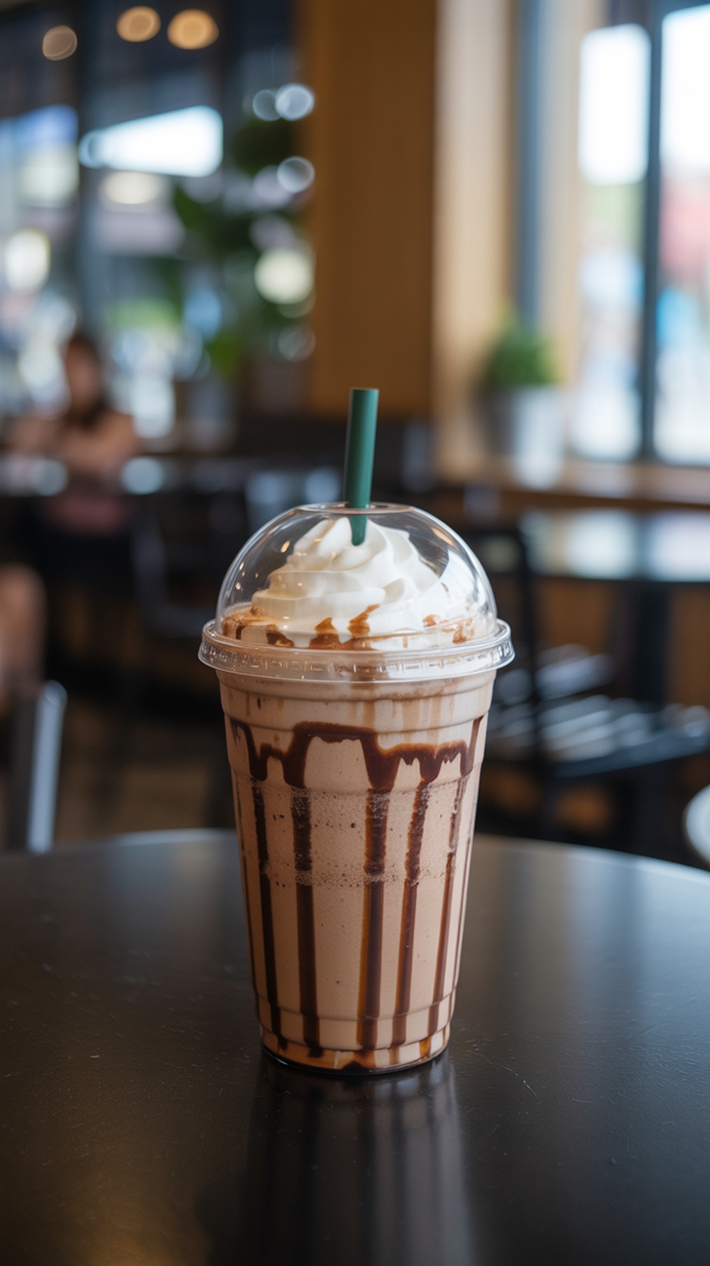 A delicious Creamy Mocha Frappuccino topped with whipped cream and chocolate syrup.