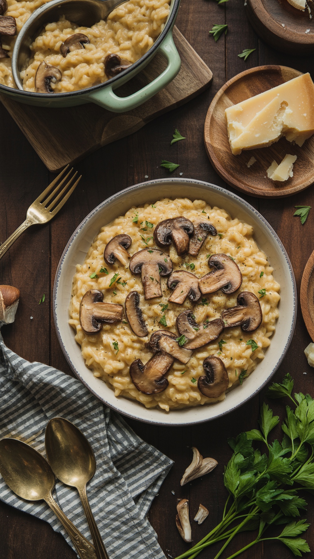 A bowl of creamy mushroom risotto topped with sliced mushrooms and parsley, with a pot of risotto in the background.