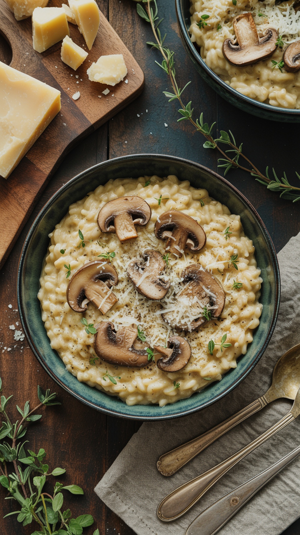 A bowl of creamy mushroom risotto topped with sliced mushrooms and herbs.