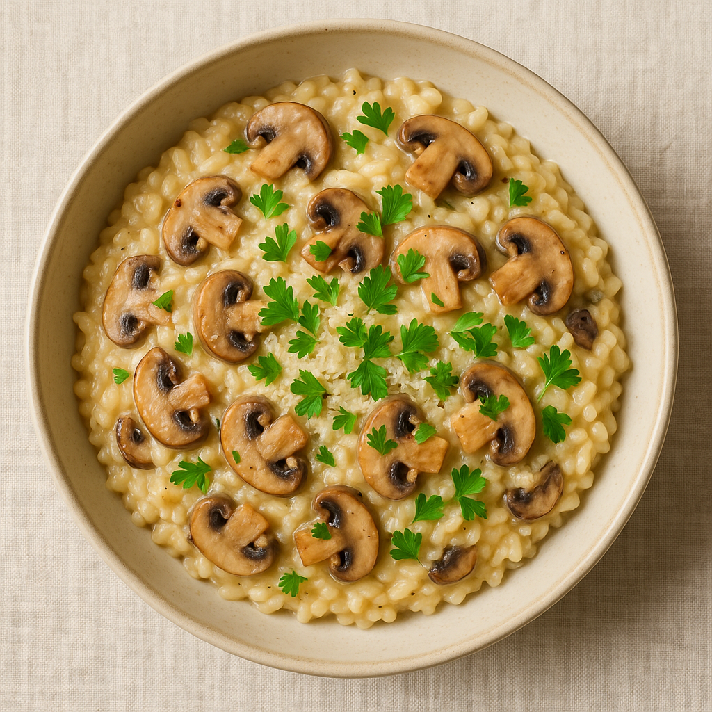A bowl of creamy mushroom risotto topped with sliced mushrooms and fresh parsley.