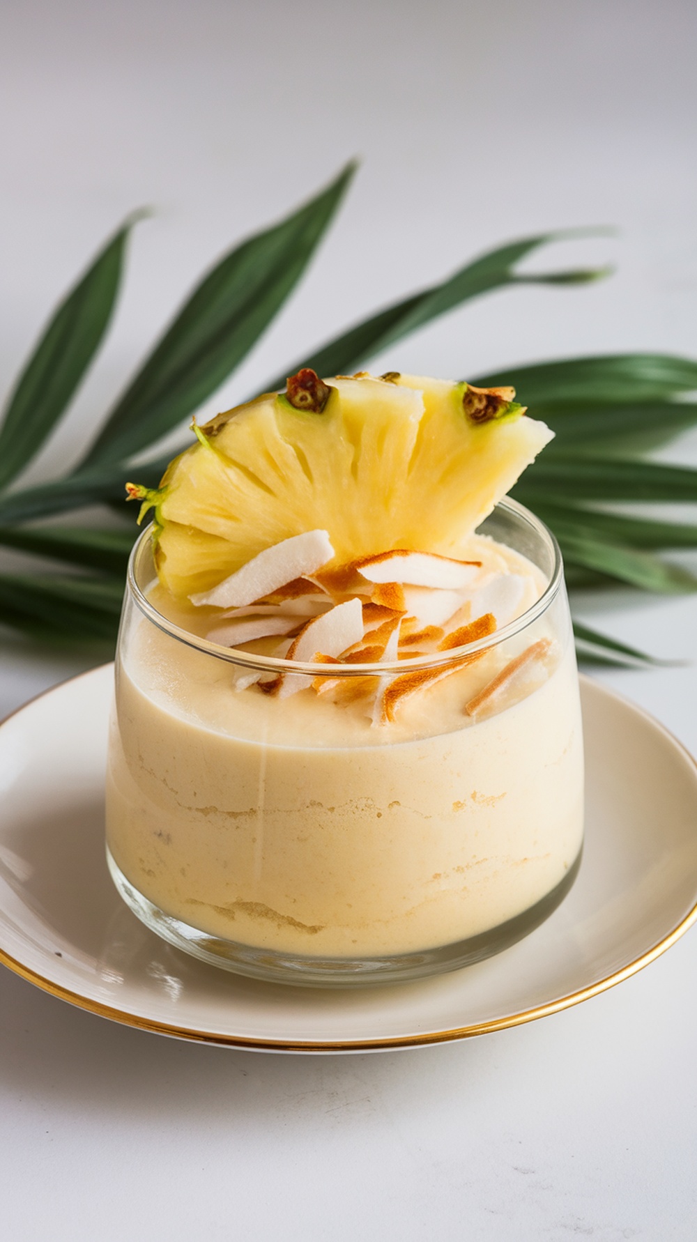 A serving of creamy pineapple coconut mousse topped with pineapple slice and coconut flakes