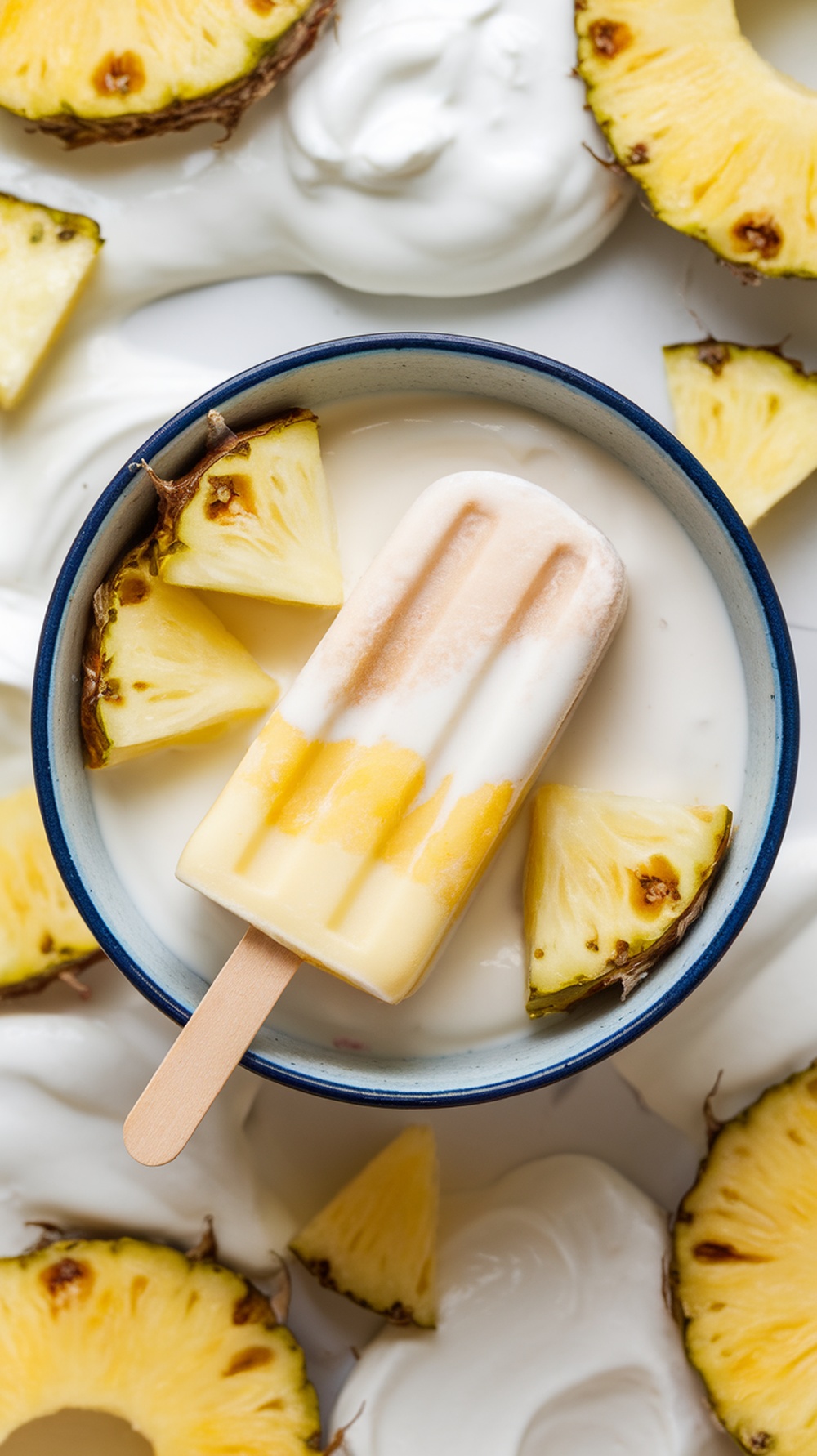 Creamy pineapple yogurt pops surrounded by pineapple slices and yogurt