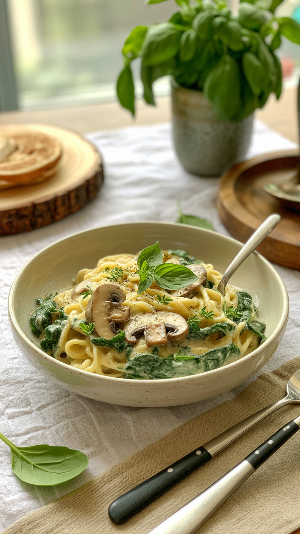 A bowl of creamy spinach and mushroom pasta with fresh herbs on top.