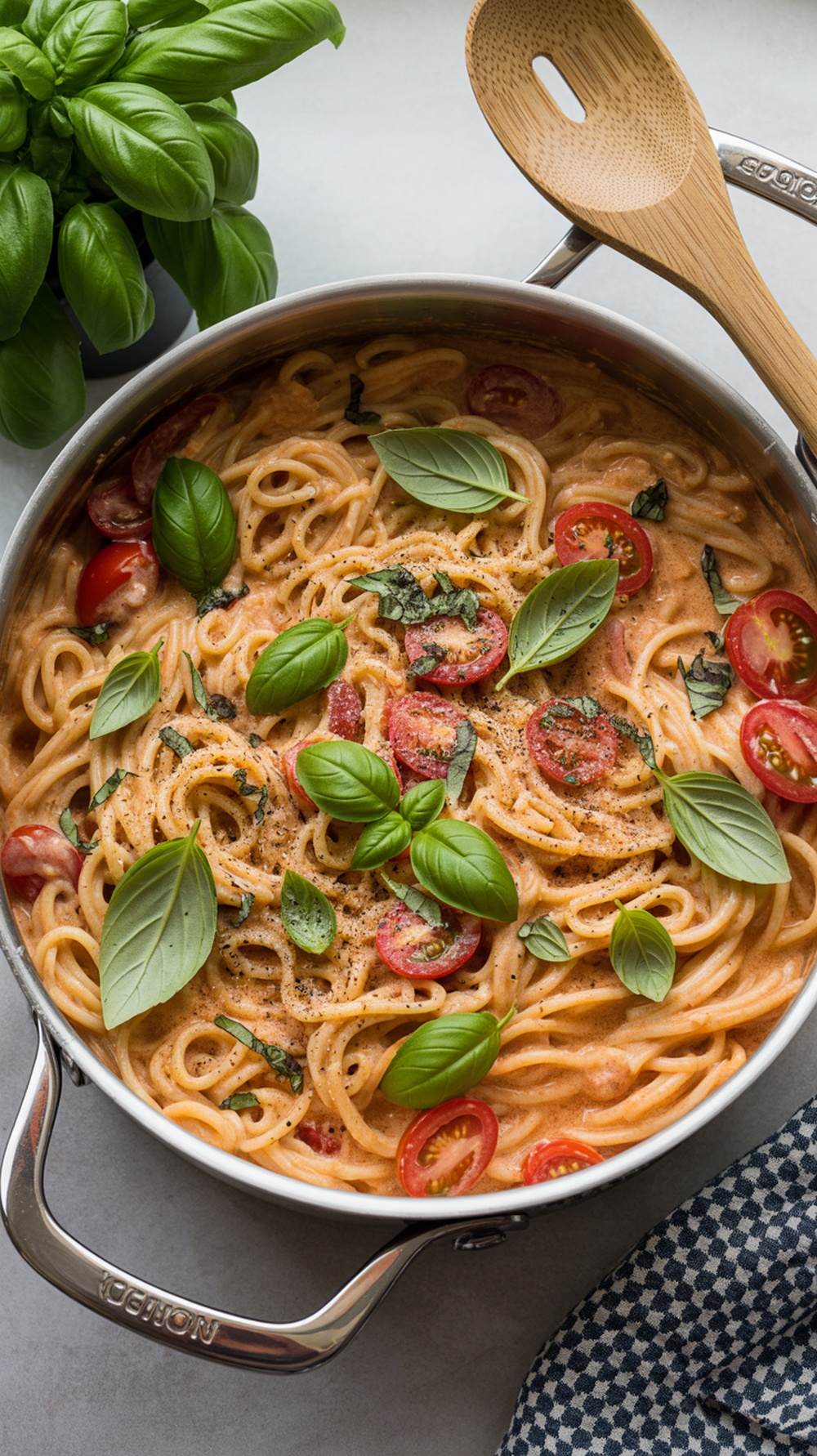 A pot of creamy tomato basil pasta with fresh basil and cherry tomatoes