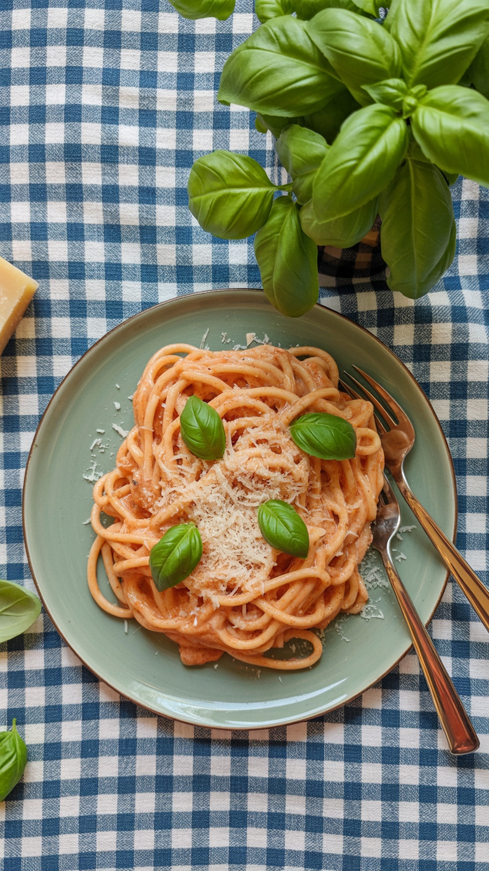 A plate of creamy tomato basil pasta garnished with fresh basil leaves