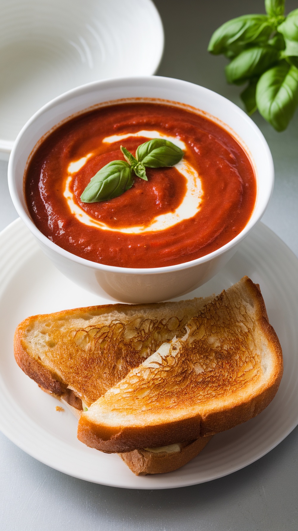 A bowl of creamy tomato basil soup with a swirl of cream and fresh basil, served with grilled cheese.