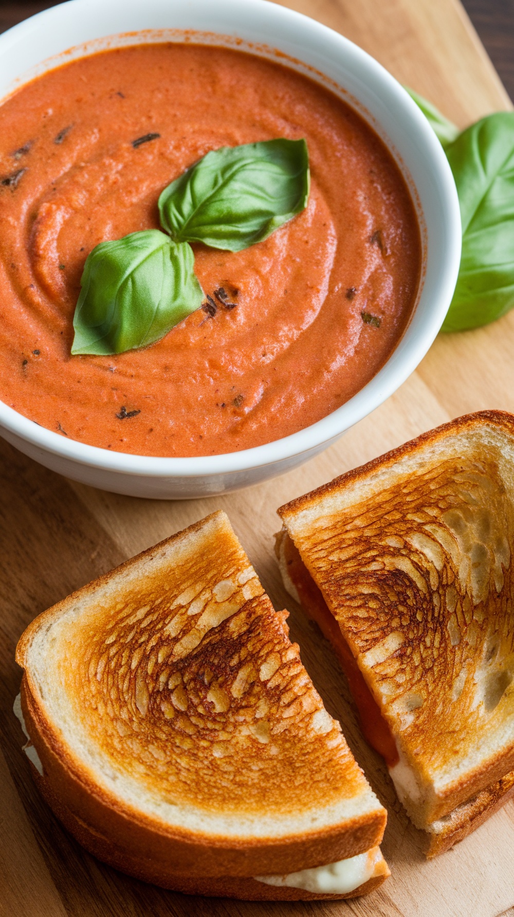 A bowl of creamy tomato basil soup with grilled cheese sandwiches on the side.