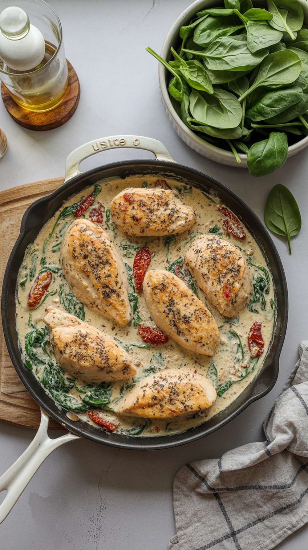 Creamy Tuscan Chicken Skillet with spinach and sun-dried tomatoes