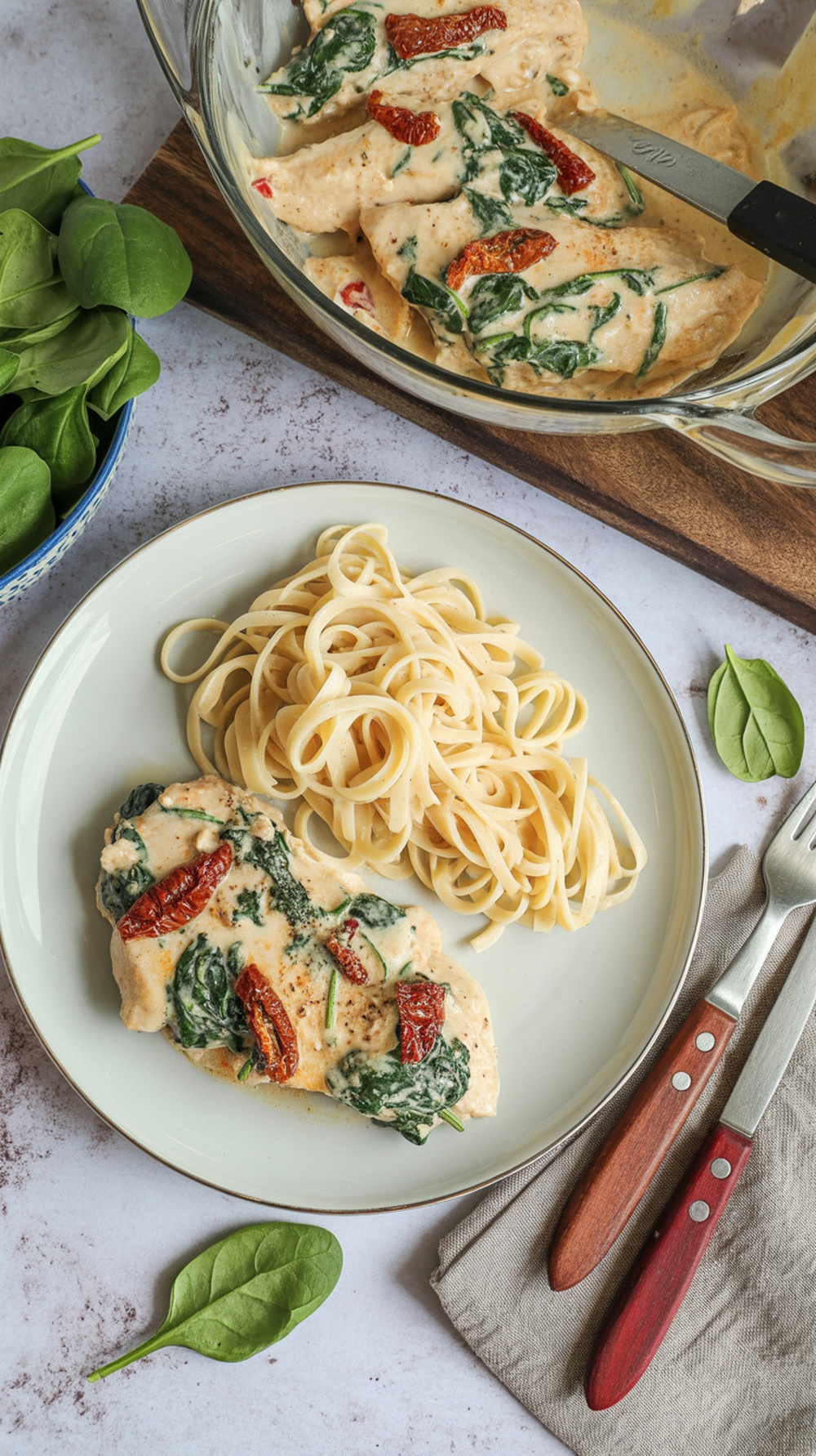 Creamy Tuscan Chicken served with fettuccine pasta