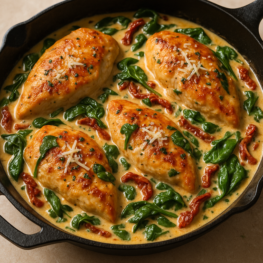 Creamy Tuscan Chicken with Spinach in a skillet