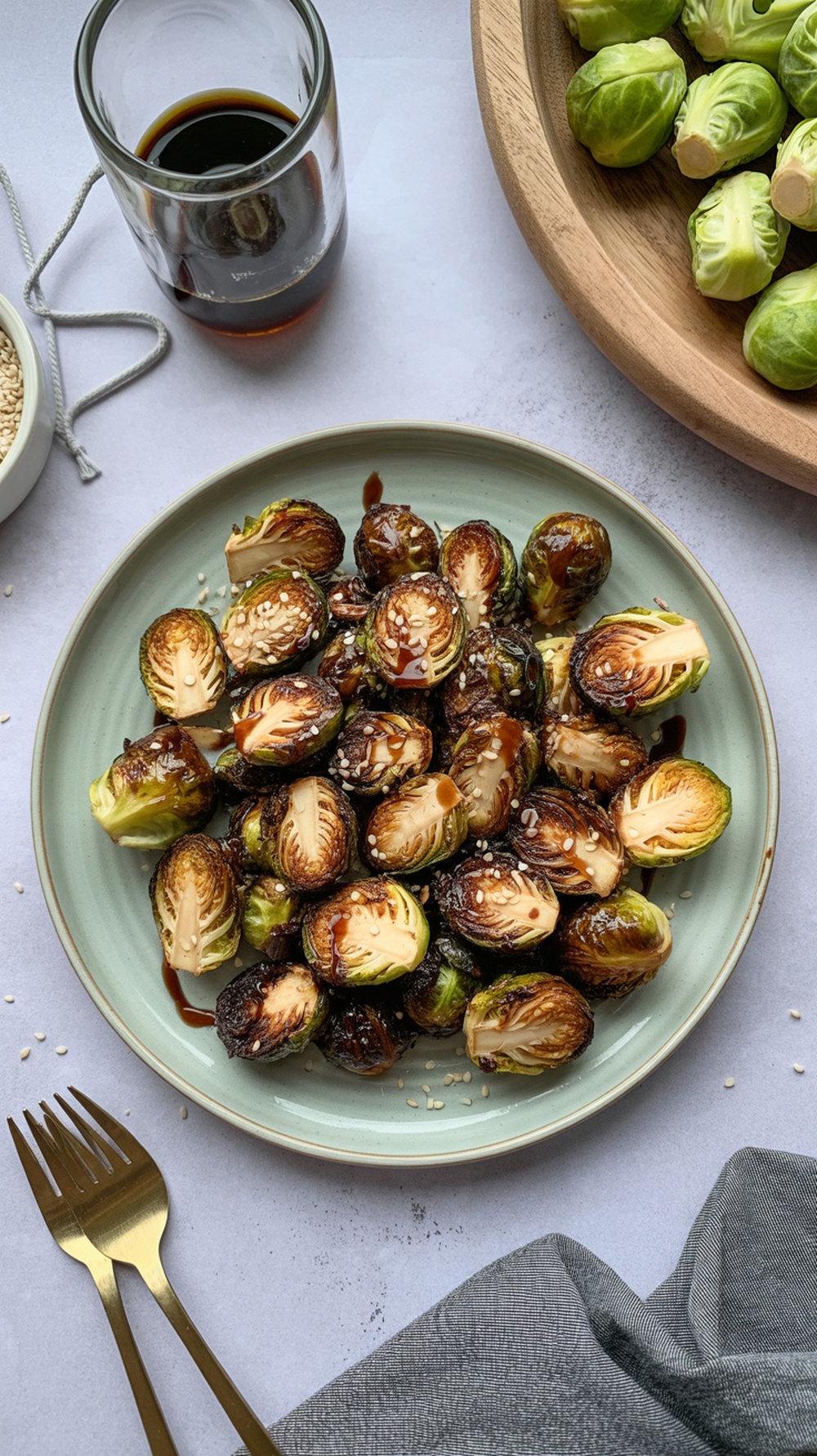 Crispy air fryer Brussels sprouts on a plate with sesame seeds and a glass of sauce