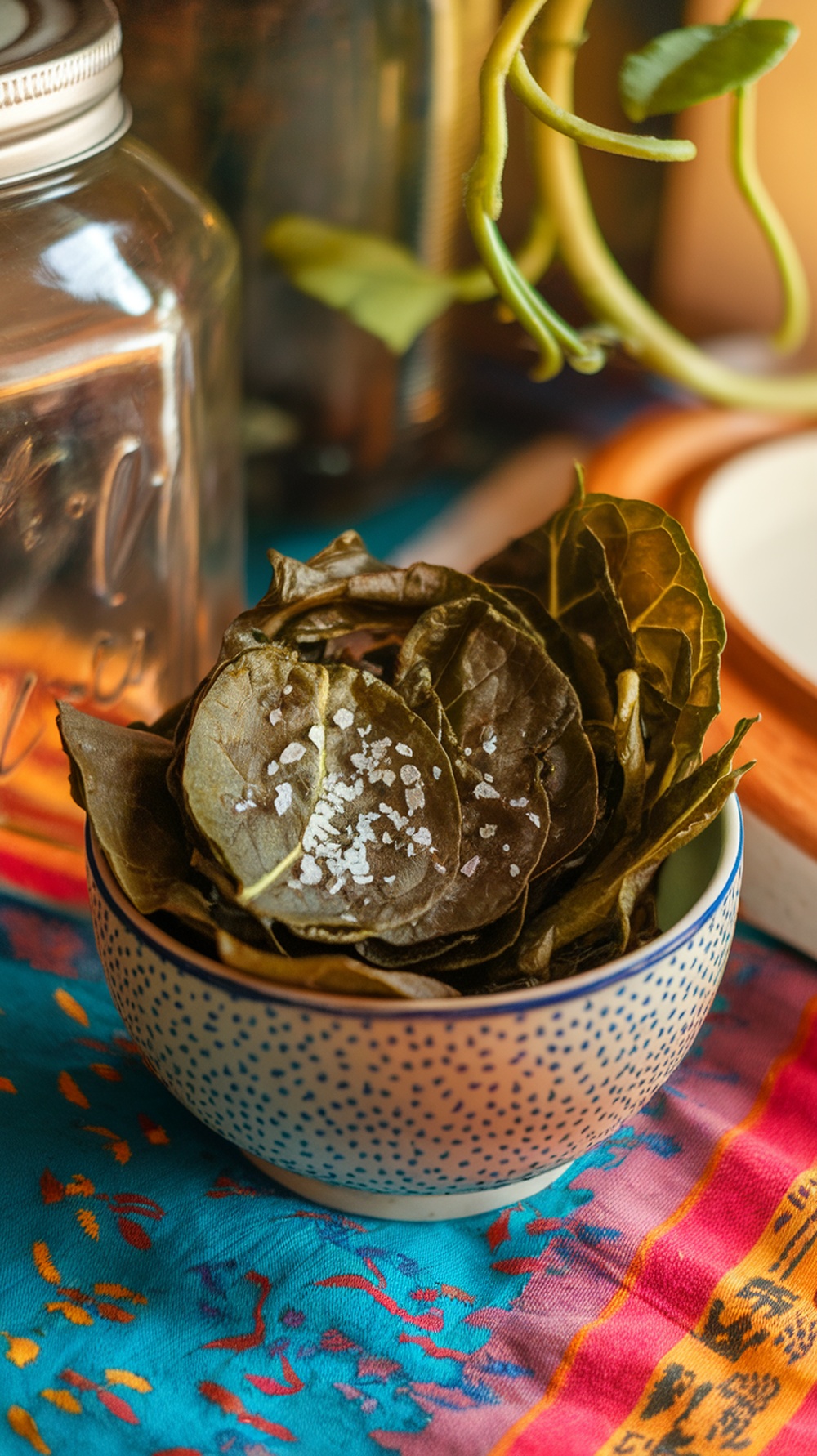 A bowl of crispy collard greens chips sprinkled with salt.