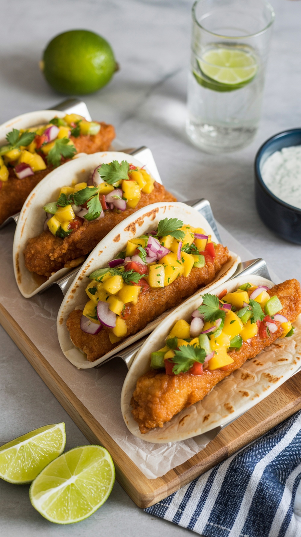Crispy Fish Tacos topped with mango salsa on a wooden board