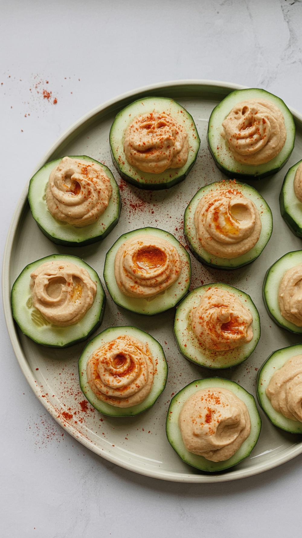 Cucumber slices topped with hummus and sprinkled with paprika