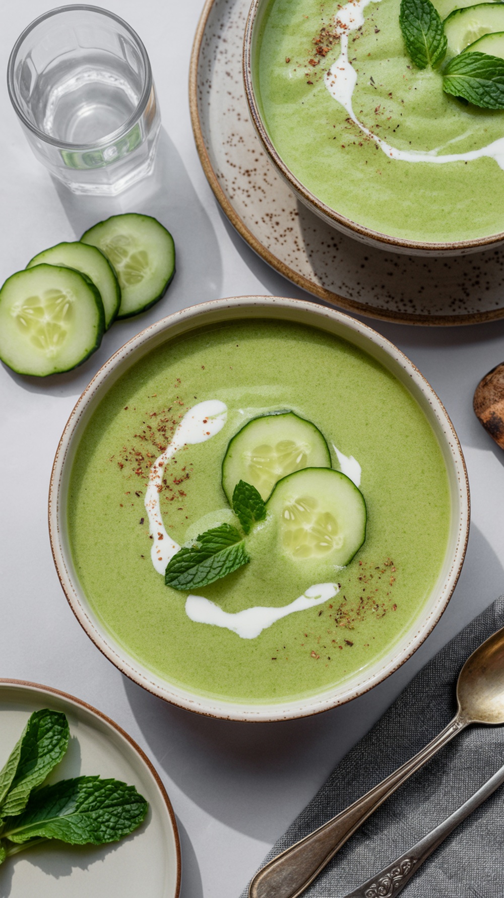 A bowl of cucumber mint gazpacho topped with cucumber slices and fresh mint leaves.